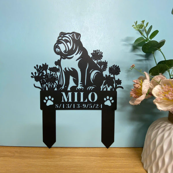 Custom British Bulldog Memorial Metal Garden Stake, Dog Loss Metal Grave Marker, English Bulldog With Flower Metal Stake, Dog Sympathy Metal Yard Sign