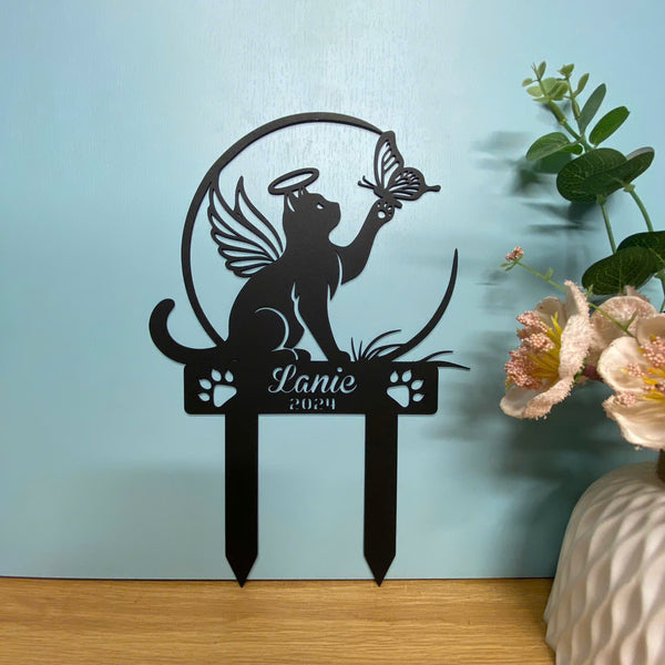 Custom Cat With Wings Memorial Garden Stake, Angel Cat Memorial Metal Garden Stake, Personalized Name Cat Metal Yard Sign, Metal Cat Grave Marker