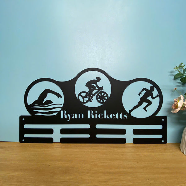 Custom Triathlon Medal Holder, Triathlon Medal Hanger With Name, 4 Rungs For Medals & Ribbons, Triathlon Athletics Award Medal Display