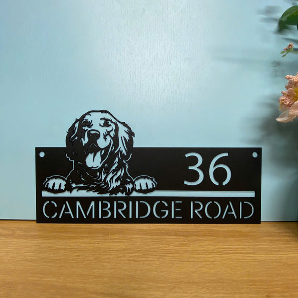 Personalized Golden Retriever Dog Address Metal Sign, Custom Peeking Dog House Number Metal Front Porch Sign, Pet House Address Metal Wall Art Decor