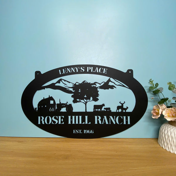 Personalized Mountain Farmhouse Metal Sign, Custom Family Name Metal Farm Sign, Mountain Cabin Farmville Metal Sign, Custom Metal Farm Animal Sign