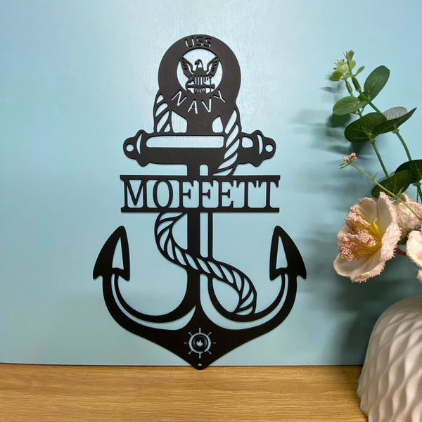 Custom Us Navy Anchor Monogram Metal Wall Art, Personalized Sailor Name Anchor Metal Sign, Nautical Anchor Metal Sign, Beach House Metal Sign Decor