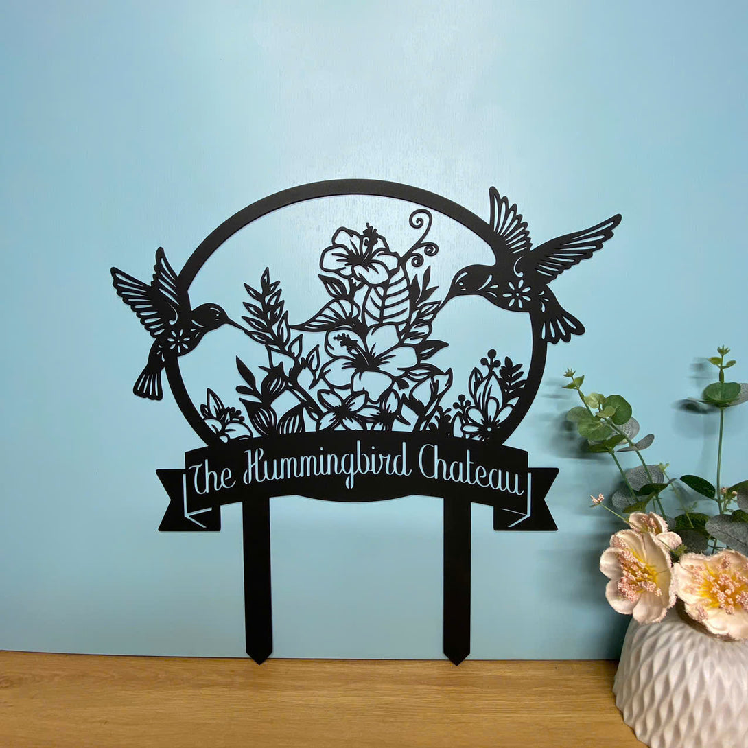 Custom Hummingbird With Flower Metal Garden Sign With Stake, Hummingbird Gardening Metal Sign, Flowers Garden Metal Stake, Hummingbird Metal Yard Sign