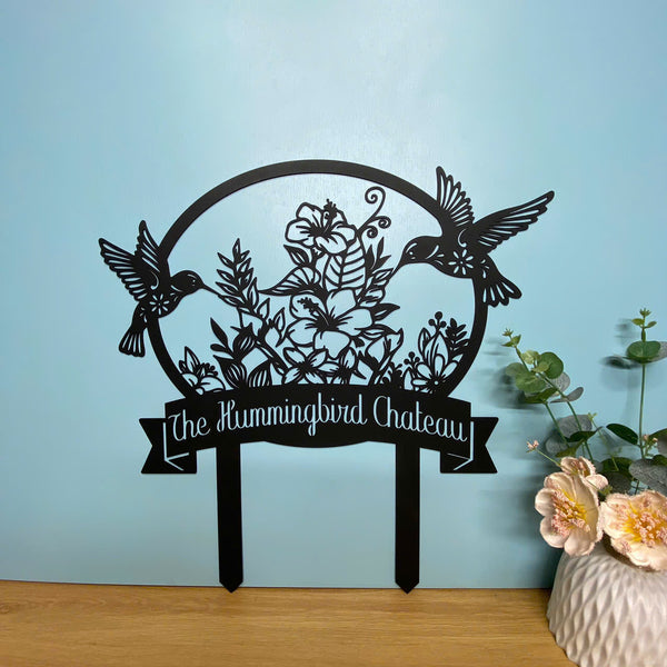 Custom Hummingbird With Flower Metal Garden Sign With Stake, Hummingbird Gardening Metal Sign, Flowers Garden Metal Stake, Hummingbird Metal Yard Sign