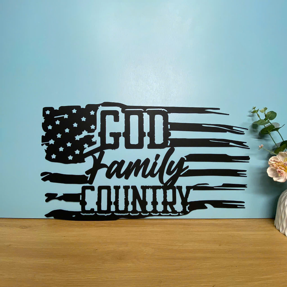 Us Flag God Family Country Metal Wall Art, Tattered American Flag Metal Sign, Us Flag Veteran Metal Sign, Patriotic American Flag Sign Home Decor