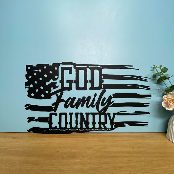 Us Flag God Family Country Metal Wall Art, Tattered American Flag Metal Sign, Us Flag Veteran Metal Sign, Patriotic American Flag Sign Home Decor