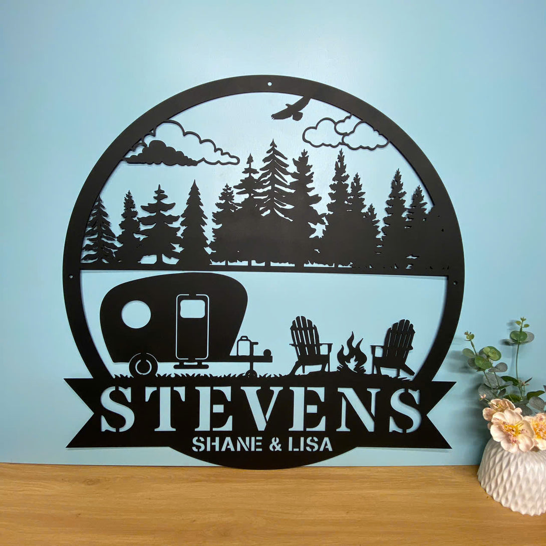 Personalized Outdoor Camping Rv Metal Sign, Happy Camper Metal Wall Art, Lake House Camping Fire Pit Metal Sign Decor, Front Porch Metal Camping Sign