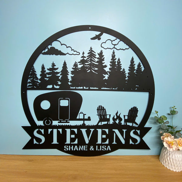 Personalized Outdoor Camping Rv Metal Sign, Happy Camper Metal Wall Art, Lake House Camping Fire Pit Metal Sign Decor, Front Porch Metal Camping Sign