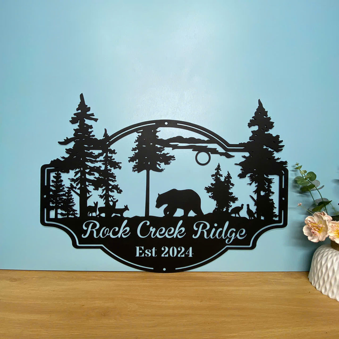 Personalized Family Name Forest Bear Metal Sign, Custom Wildlife Metal Wall Art, Deer Ranch Metal Door Hanging, Custom Mountain Creek Metal Farm Sign