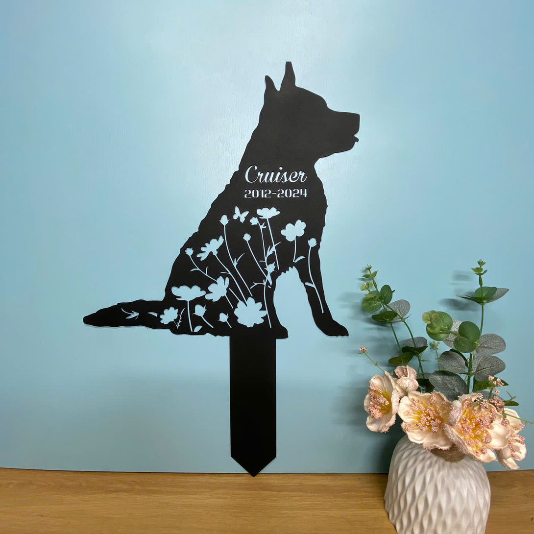 Personalized Australian Cattle Dog Memorial Metal Stake, Custom Dog Grave Marker Metal Yard Sign, Pet Loss Remembrance Stake, Floral Dog Sympathy Sign