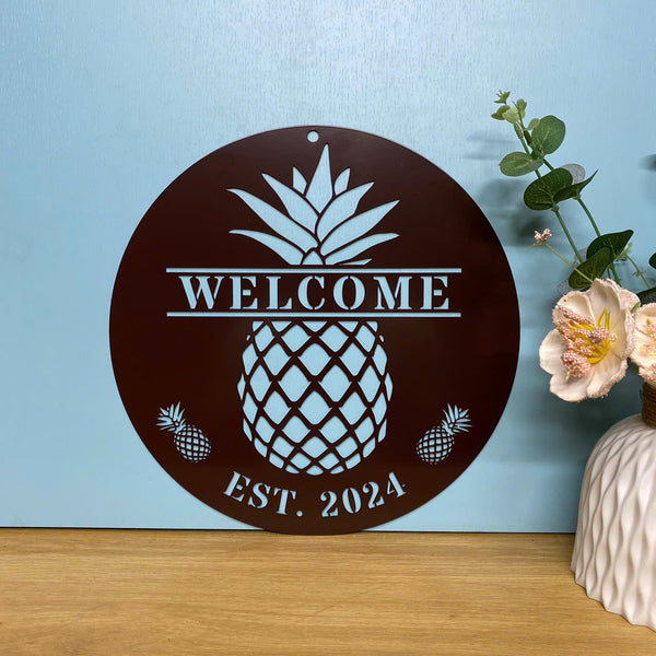 Custom Pineapple Monogram Metal Wall Art, Personalized Family Name Pineapple Welcome Metal Sign, Pineapple Tropical Fruits Metal Wall Sign Decor