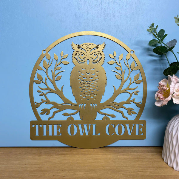 Custom Owl On The Branch Metal Wall Art, Personalized Owl Monogram Metal Name Sign, Owl Metal Welcome Sign, Owl Metal Wall Hanging Room Decor