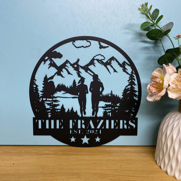 Custom Couple Trail Running Metal Wall Art, Personalized Runner Family Name Metal Sign, Outdoor Sports Metal Sign, Mountain Running Metal Sign Decor