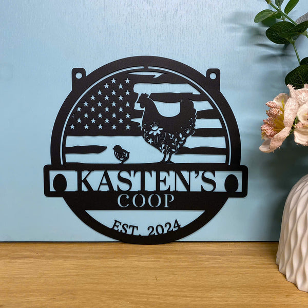 Personalized American Flag Chicken Coop Metal Farm Sign, Custom Hen House Metal Farm Sign, Poultry Barn Farmhouse Metal Decor, Chicken Farm Metal Sign