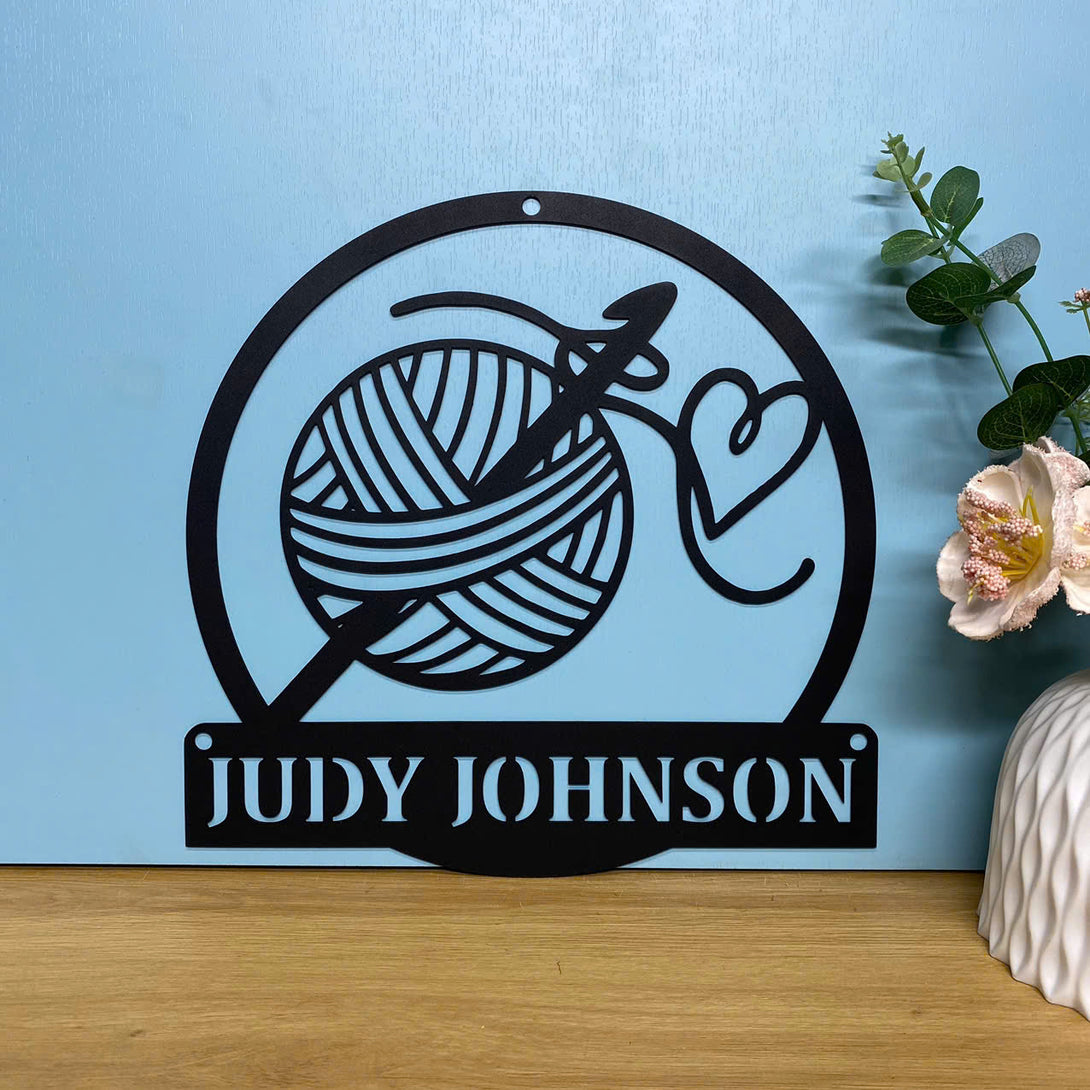 Custom Ball Yarn Metal Wall Art With Name, Personalized Crochet Knitting Metal Sign, Crochet Knit Hook Metal Wall Decor, Knitting Room Metal Sign