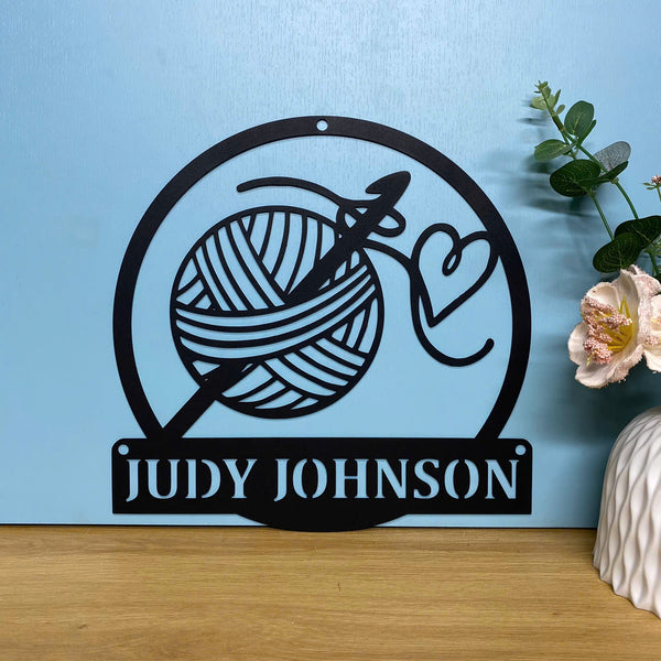 Custom Ball Yarn Metal Wall Art With Name, Personalized Crochet Knitting Metal Sign, Crochet Knit Hook Metal Wall Decor, Knitting Room Metal Sign