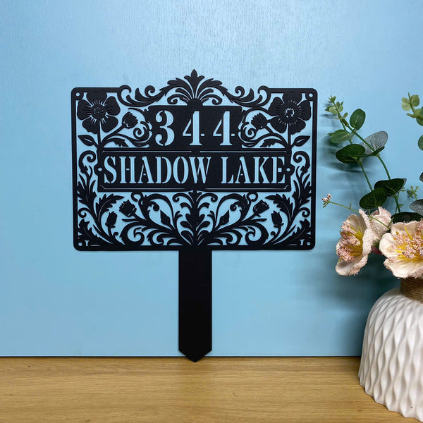 Personalized Floral Address Plaque Metal Sign With Stake, Custom Family Name Address Metal Yard Sign, Address Metal Garden Stake Lawn Yard Sign
