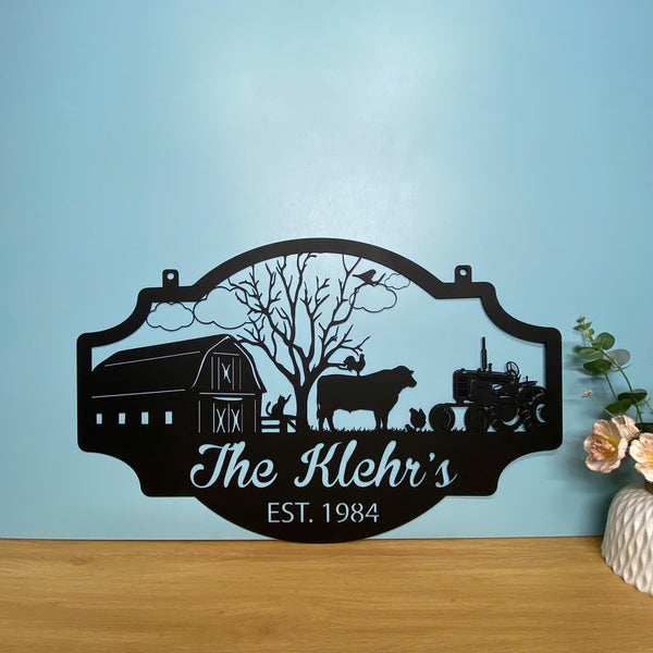 Custom Farmhouse Metal Wall Art, Personalized Family Name Metal Sign, Poultry Cattle Farm Animal Metal Sign, Tractor Barn Ranch Metal Sign Decor
