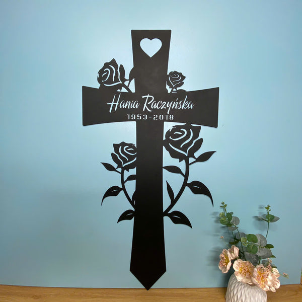 Personalized Cross With Roses Flowers Memorial Stake, Loss Of Loved One Sympathy Sign, Memorial Cross Plaque With Stake, Metal Cross Remembrance Stake