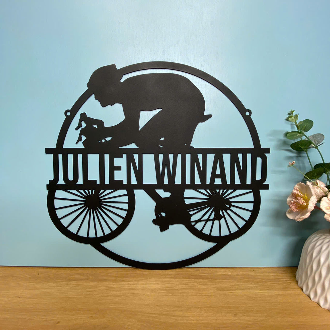 Custom Man Road Bike Racing Metal Wall Art, Personalized Cyclist Metal Name Sign, Cycling Metal Wall Hanging Art, Road Bicycle Racing Metal Room Sign