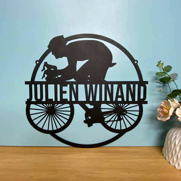 Custom Man Road Bike Racing Metal Wall Art, Personalized Cyclist Metal Name Sign, Cycling Metal Wall Hanging Art, Road Bicycle Racing Metal Room Sign