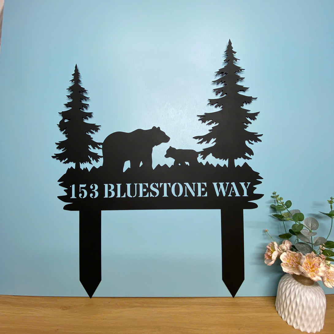 Personalized Bears In Woods Metal Stake, Custom Family Name Bear Metal Sign With Stake, Wild Bear Man Cave Metal Stake, Yard Sign Lawn Gardening Decor