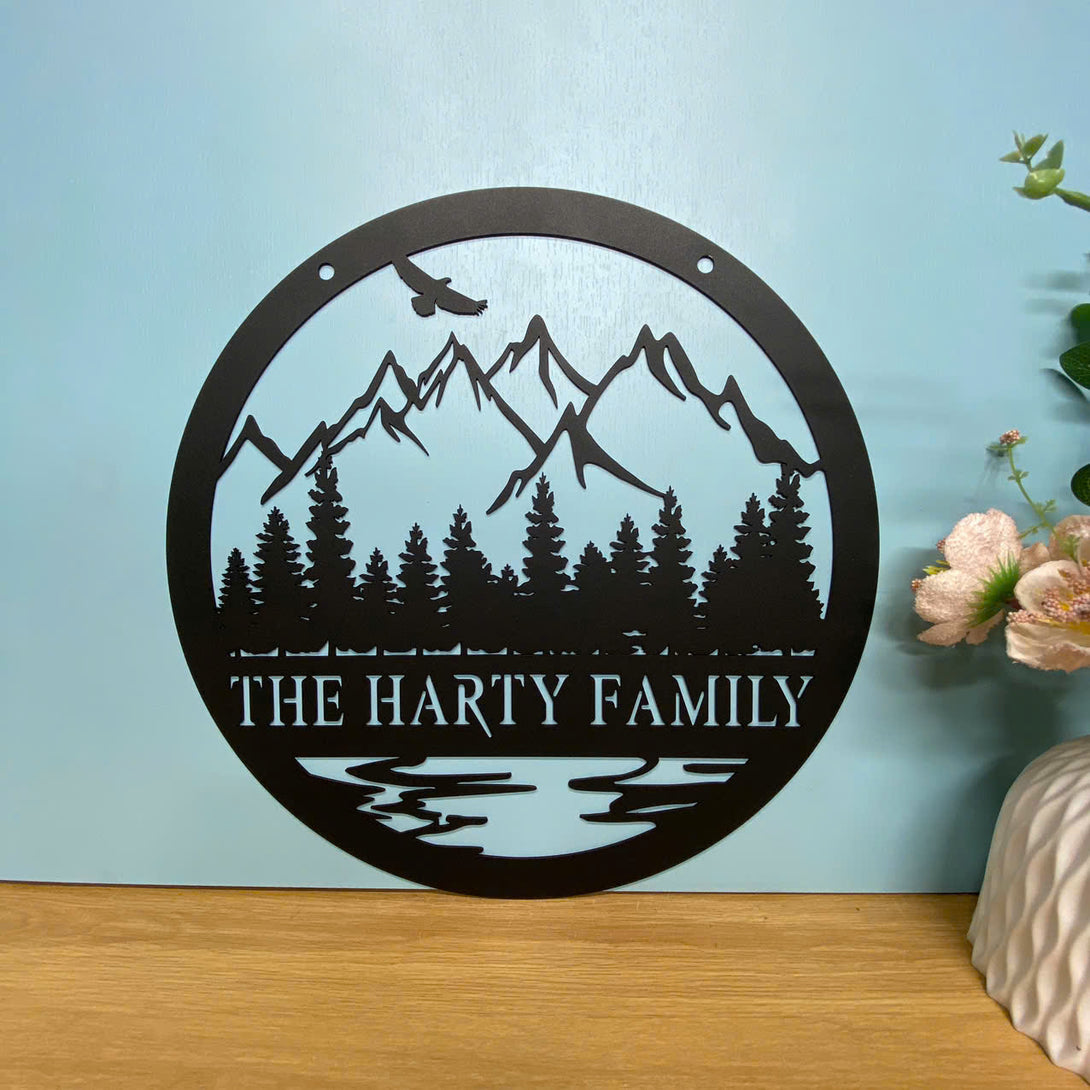 Custom Family Name Mountain Forest Metal Sign, Mountain Nature Scene Metal Wall Sign, Wild Eagle Metal Wall Art, Welcome Cabin Outdoor Metal Sign