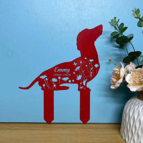 Custom Dachshund Dog Memorial Metal Garden Stake, Personalized Dog Loss Metal Grave Marker, Floral Dog Metal Yard Sign, Pet Loss Remembrance Stake
