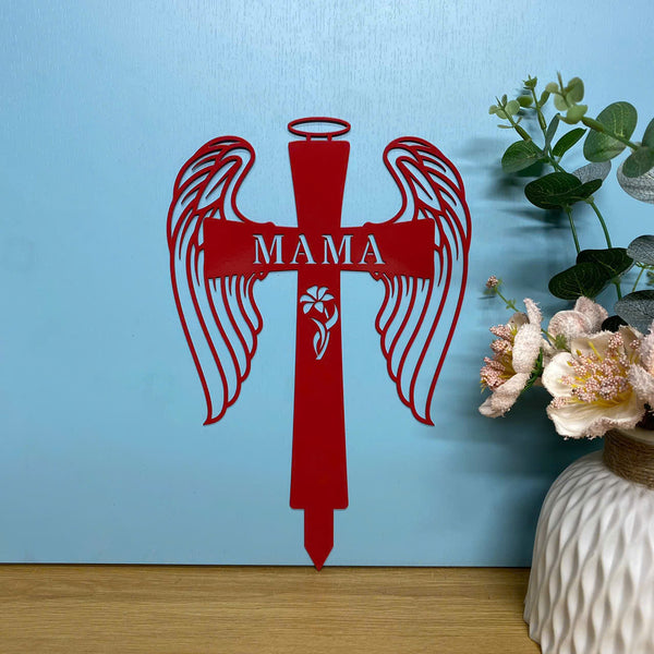 Personalized Cross With Wings Memorial Sign Yard Stake, Custom Grave Marker Metal Garden Stake, Memorial Cross Metal Garden Sign, Sympathy Sign