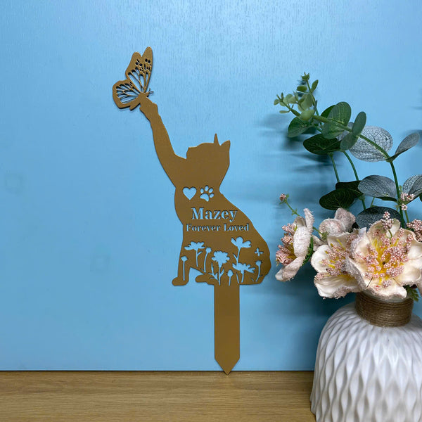Custom Cat Memorial Metal Stake, Floral Cat With Butterfly Garden Stake, Personalized Cat Name Metal Yard Sign, Cat Loss Metal Grave Marker Stakes