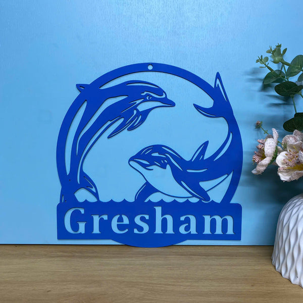 Peraonalized Couple Dolphin Metal Wall Art, Custom Dolphin Family Name Metal Sign, Dolphin Monogram Sign, Dolphin Beach House Metal Wall Hanging Decor