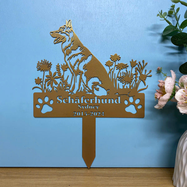 Personalized German Shepherd Dog Memorial Garden Stake, Dog Loss Metal Grave Marker, Dog With Flowers Metal Yard Sign, Pet Loss Remembrance Stake