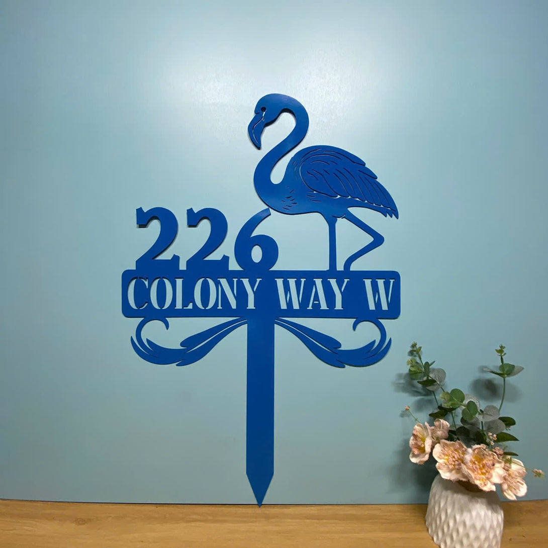 Personalized Flamingo Address Metal Sign With Stake, Custom Flamingo Metal House Number Sign, Flamingo Beach House Metal Address Stake Outdoor Decor
