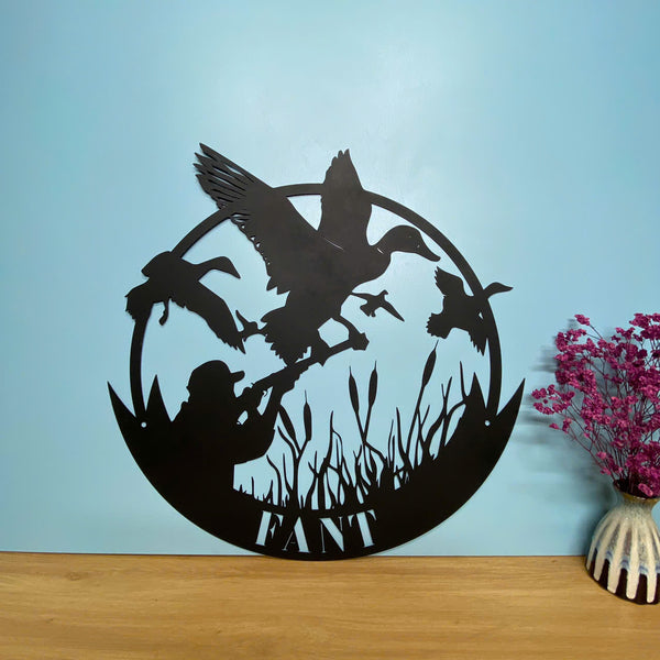 Personalized Duck Hunting Metal Wall Hanging Art, Custom Hunter Metal Name Sign, Flying Duck Hunting Metal Sign, Hunting Lodge Cabin Metal Wall Decor