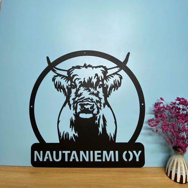 Custom Highland Cow Farmhouse Metal Wall Art, Personalized Highland Cattle Metal Farm Name Sign, Cattle Farm Cow Barn Homestead Metal Wall Sign Decor