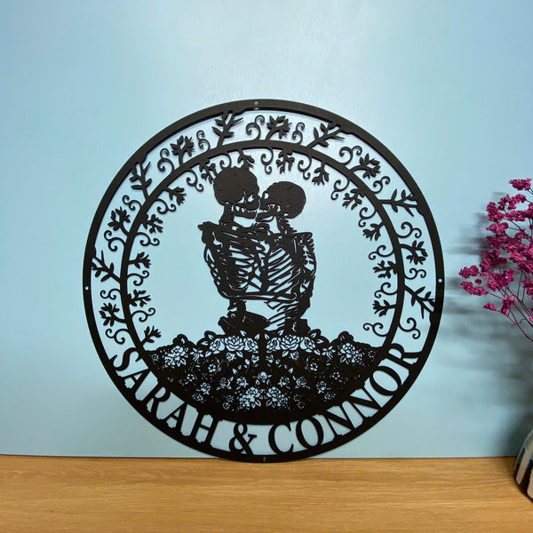 Personalized Couple Skeleton Kissing Metal Wall Art, Custom Skeleton Lovers Metal Name Sign, Floral Couple Skulls Metal Sign, Skeleton Metal Wall Sign
