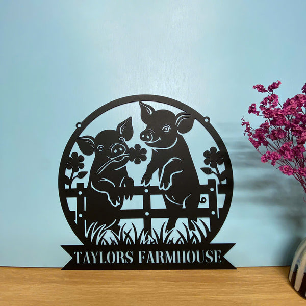 Personalized Couple Pig Farm Metal Sign, Farmhouse Pig Barn Metal Wall Hanging, Custom Name Pig Metal Farm Sign, Hog Farm Animal Monogram Metal Sign