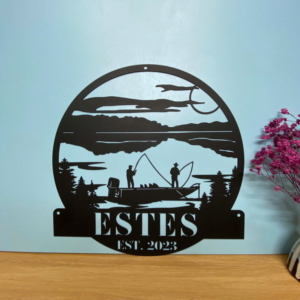 Custom Lake House Fishing Metal Sign, Personalized Fisherman Lakeside Cabin Name Sign, Fishing On Boat Metal Sign Wall Art, Fishing Lake Scene Sign