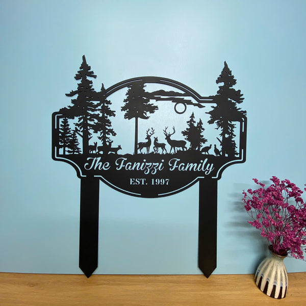 Personalized Forest Deer Metal Garden Stake, Wildlife Hunting Yard Sign, Custom Family Name Wild Deer Metal Stake, Hunting Cabin Metal Outdoor Decor