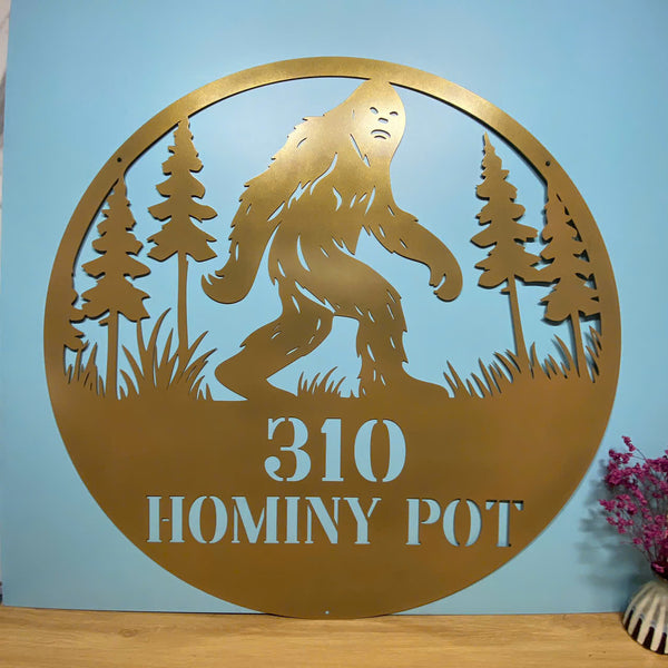 Custom Forest Bigfoot Address Metal Sign Wall Art, Personalized Walking Bigfoot Metal Wall Name Sign, Metal Sasquatch Man Cave Wall Hanging Decor