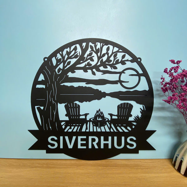 Custom Lake House Metal Wall Art, Forest Lake Scene Cabin Laser Cut Metal Sign, Personalized Lake House Family Name Metal Sign