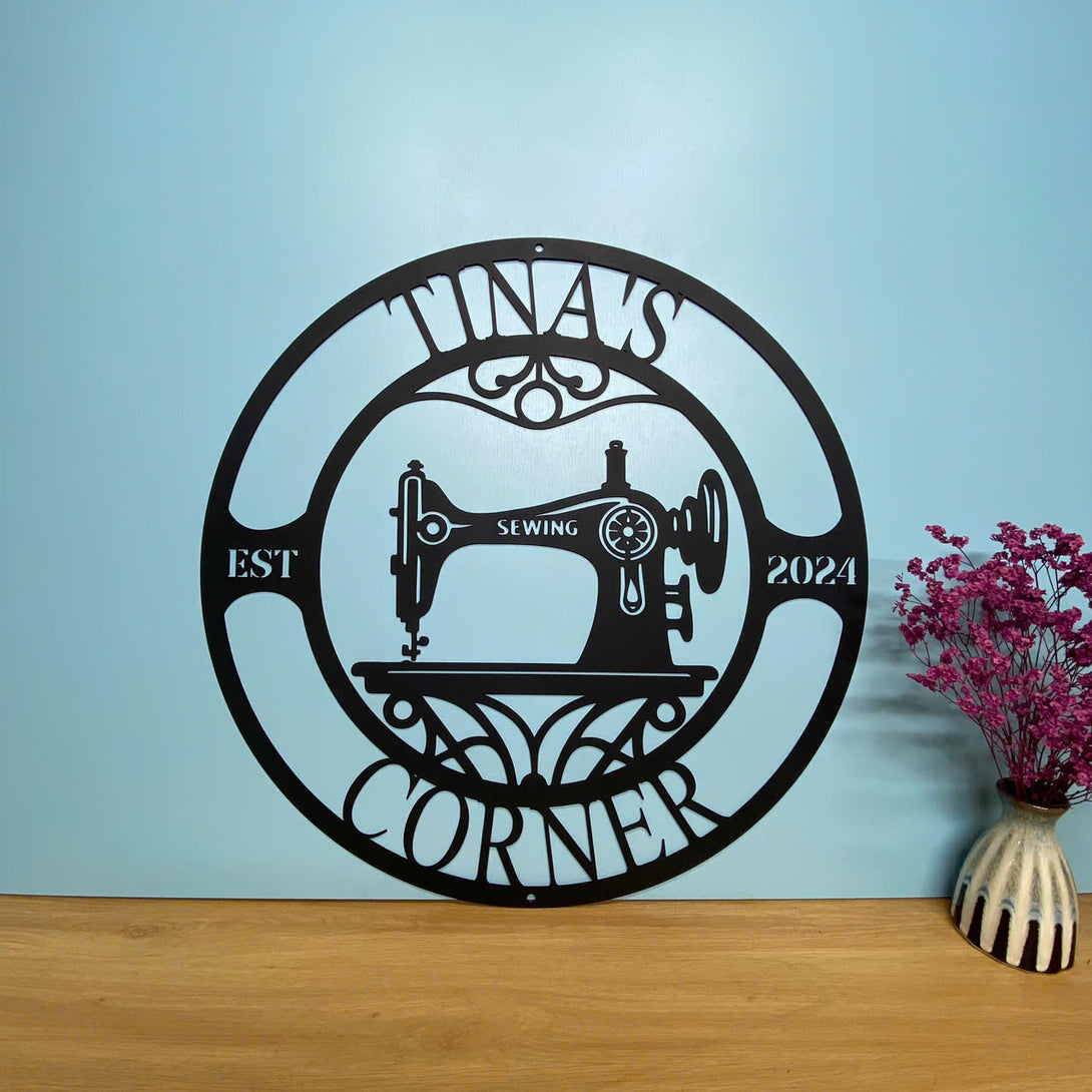 Custom Sewing Machine Metal Wall Art, Personalized Quilting Room Metal Name Sign, Craft Room Metal Wall Hanging, Sewing Room She Shed Metal Art Decor