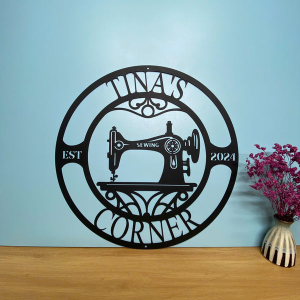 Custom Sewing Machine Metal Wall Art, Personalized Quilting Room Metal Name Sign, Craft Room Metal Wall Hanging, Sewing Room She Shed Metal Art Decor