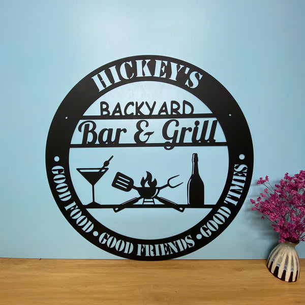 Custom Bar & Grill Backyard Metal Sign, Personalized Drinks Bar Metal Wall Art, Chill & Grill Sign Metal Wall Decor, Barbecue Backyard Metal Signs