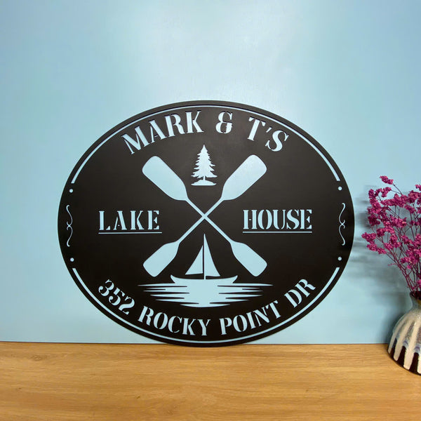 Custom Family Name Lake House Metal Sign, Personalized Lake House Cabin Metal Wall Art, Lake House Metal Name Sign, Metal Lake House Outdoor Decor