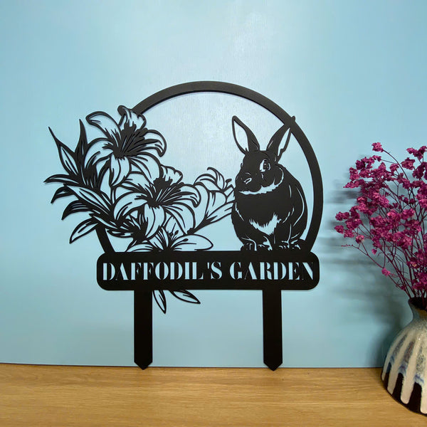 Personalized Rabbit Garden Metal Garden Stake, Custom Your Garden Metal Sign, Bunny With Lily Flower Metal Yard Stake, Garden Outdoor Metal Sign Decor