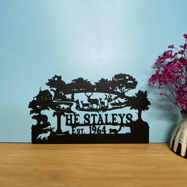 Custom Wild Animal Farmhouse Metal Entrance Sign, Personalized Family Name Large Farm Metal Sign, Wildlife Hunting Cabin Metal Sign With Custom Name