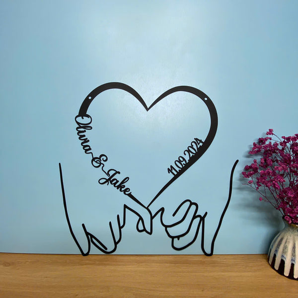 Couple Hands Heart Line With Custom Name Metal Sign, Personalized Couple Name Metal Wall Art Valentine's Day Gift, Promise Hands Heart Line Metal Sign