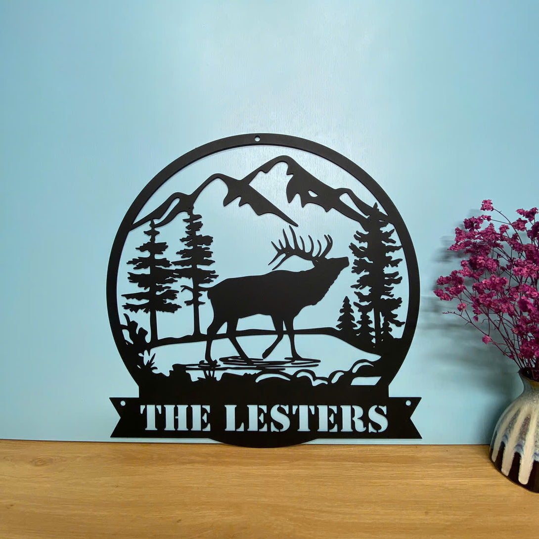 Custom Family Name Forest Mountain Elk Metal Sign, Personalized Wild Elk Metal Wall Art, Outdoor Metal Elk Sign, Elk Hunting Cabin Metal Wall Decor