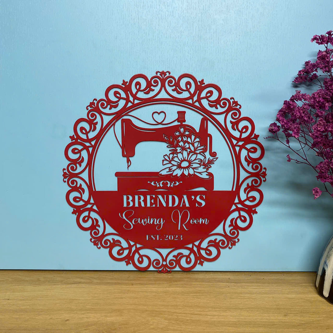 Custom Sewing Machine Metal Wall Art, Personalized Sewing Nook Metal Name Sign, Quilting Room Craft Room Metal Wall Hanging, She Shed Metal Decor